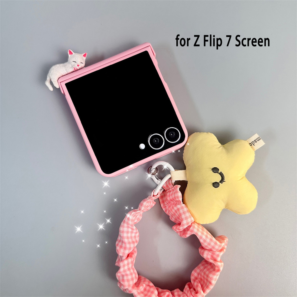 น่ารัก 3D ลูกแมวสีชมพูเคสโทรศัพท์พร้อมจี้ดาว Lattice สําหรับ Samsung Galaxy Z Flip 7 Z Flip 6 Z Flip 5 Flip 4 Flip 3 ฝาครอบ
