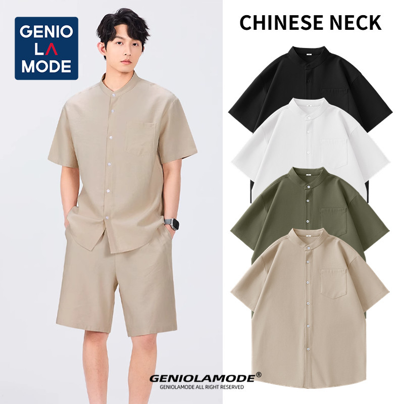 GENIO LAMODE เสื้อเชิ้ตแขนสั้นค่าตั้งแบบ UNISEX ทำจากผ้าลินิน imitation เสื้อคลุมสไตล์จีนสมัยใหม่ สบายๆ ใส่ในฤดูร้อน ระบายอากาศได้ดี สวมใส่สบาย มีขนาดใหญ่พิเศษ