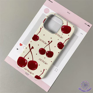 เคสไอโฟน 11 น่ารักสีแดงเชอร์รี่พื้นผิวหนังนุ่ม สำหรับ IPhone 17 AIR 16 13 15 11 14 12 Pro Max 16 14 15 Plus XR X XS Max