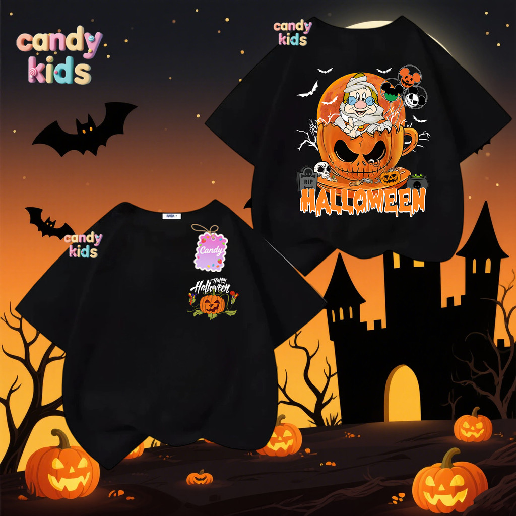 (จัดส่งตลอด 24 ชั่วโมง) Halloween เสื้อทีชฮาโลวีน เด็กๆ ยาวแขนสั้น สำหรับชายหญิง Happy Halloween #H7