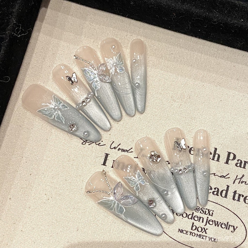 [Mint Mambo] ทําด้วยมือสวมใส่เล็บหรูหรายาวตาแมวสวมใส่เล็บโรงงานขายส่งผลิตภัณฑ์สําเร็จรูป