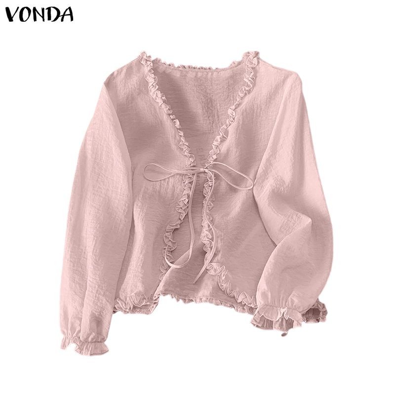 VONDA สเวตเตอร์แขนยาว คอวี สไตล์เกาหลี สำหรับใส่ลำลอง