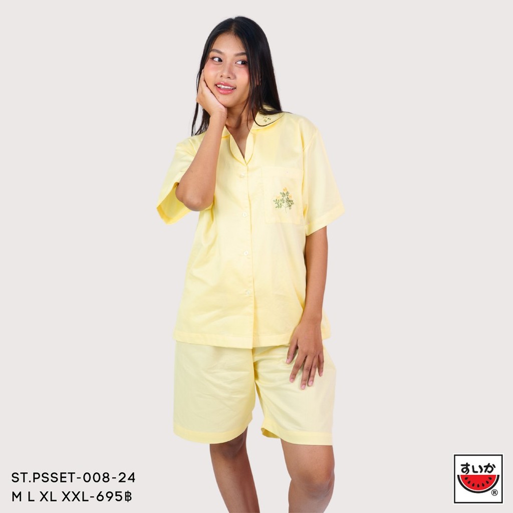 เสื้อแตงโม (SUIKA) - เซ็ทชุดนอนผ้าคอตตอนซาตินสื้อคู่กางเกงขาสั้น ลายปักดอกไม้ (ST.PSSET-008 009 010) — صورة 6