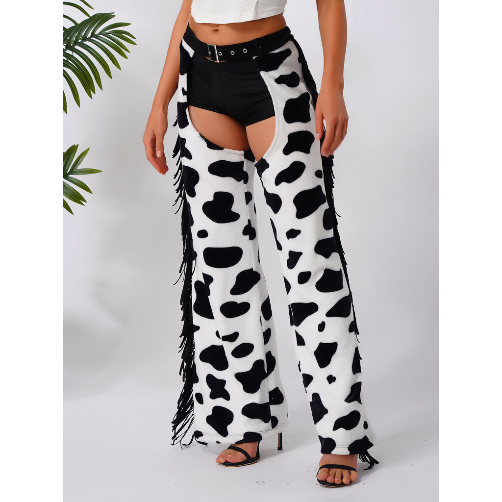 Jhaoyu Womens Cow Spot Pattern Flannel กางเกงขายาวพู่ด้านข้างปรับเอวเปิดเป้าขี่จักรยานขี่ Cowgirl Chaps ฮาโลวีน Cospaly เครื่องแต่งกาย