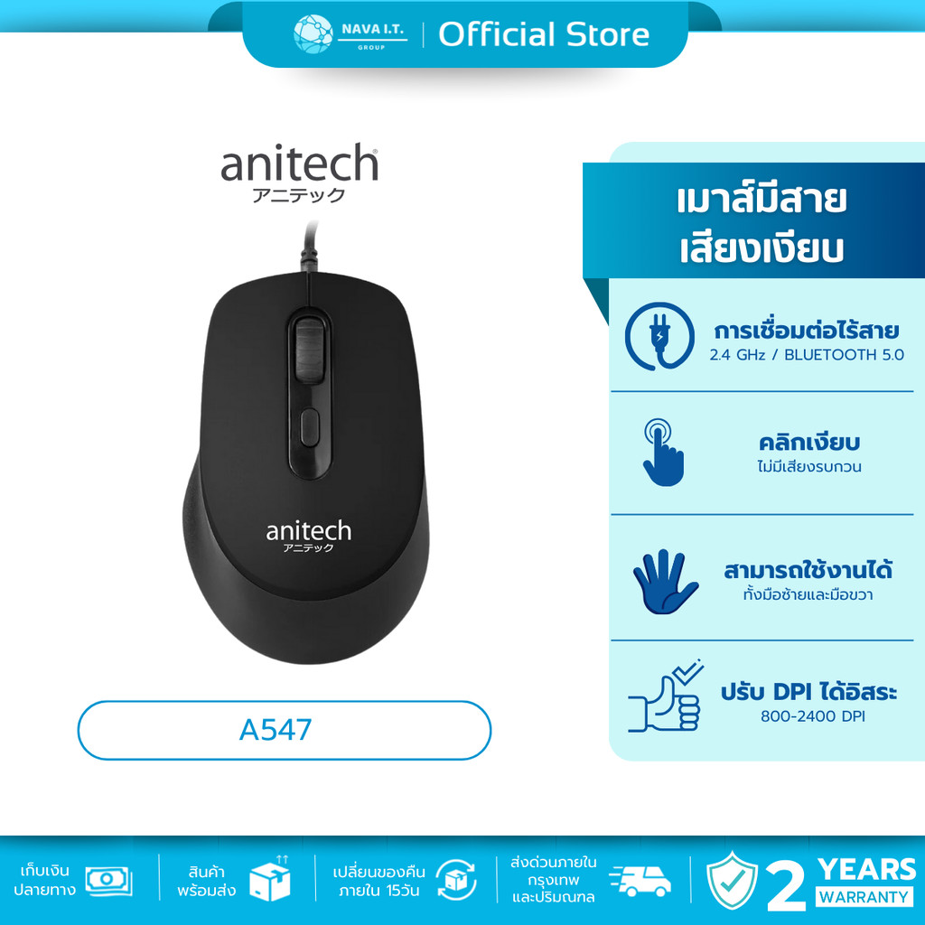 🛵มีส่งด่วน💨 ANITECH A547 WIRED MOUSE SILENT CLICK รับประกัน 2 ปี