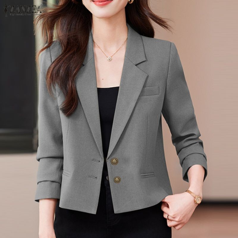 ZANZEA Blazers สไตล์เกาหลีสำหรับผู้หญิงทำงาน ออกแบบแขนยาว สีพื้นปิดหน้าเดียว — صورة 5