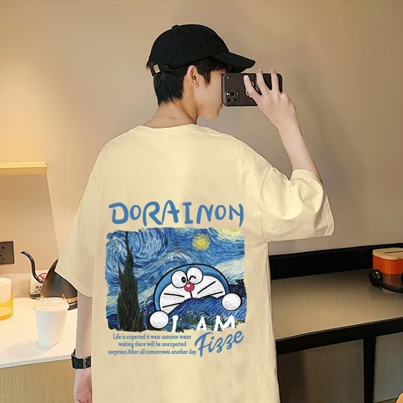 COD 2025 Doraemon T-Shirt Summer Couple Outfit White T-Shirt Men's Short Sleeve American Retro Heavy