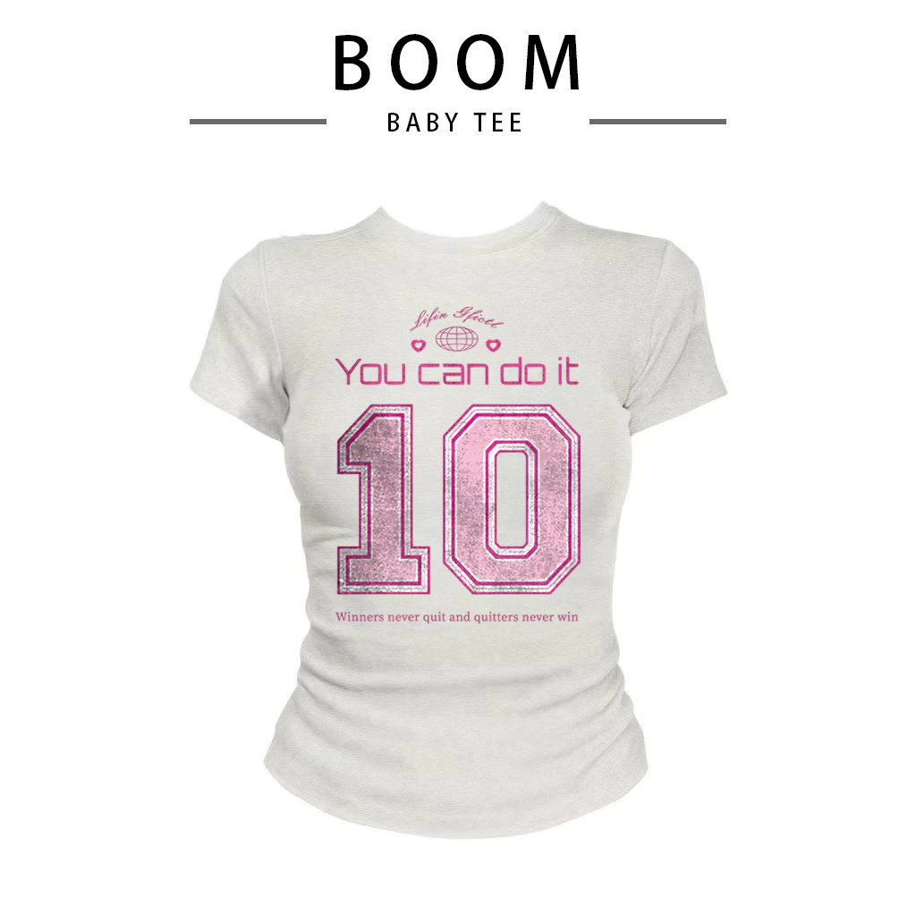 COD(จัดส่งภายใน 24 ชั่วโมง)BOOM เกาหลี เสื้อครอปเข้ารูปBaby tee y2k เสื้อคอกลม life is Good You can do it