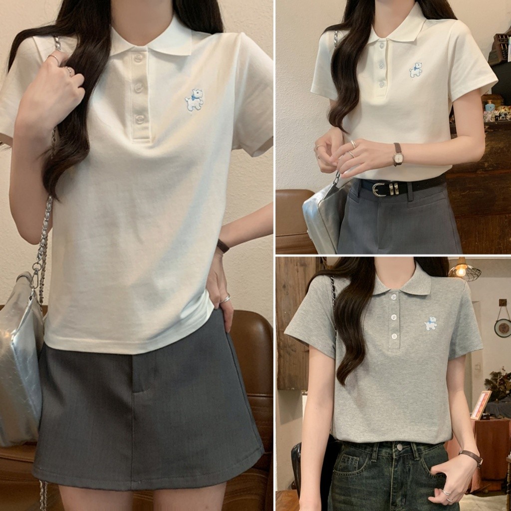 Hotgirl พร้อมส่ง เสื้อยืดคอโปโล เสื้อยืดผู้หญิง ดีไซน์ลายปัก ด้วยปุ่ม สลิมฟิต สไตล์อเมริกัน