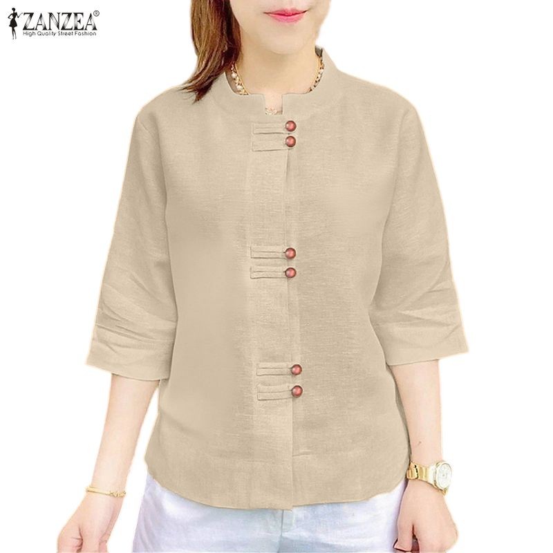 ZANZEA เสื้อยืนปก3/4แขนปุ่มปิด สไตล์เกาหลี สบายๆ สีทึบสำหรับผู้หญิง