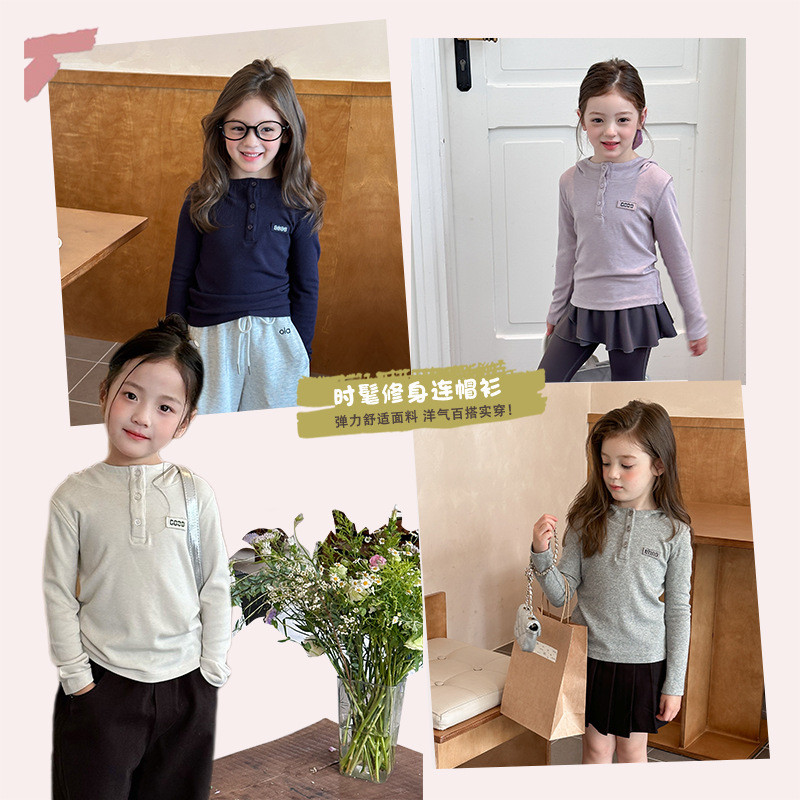 สาวเกาหลีรุ่นจดหมายพิมพ์คลุมด้วยผ้าด้านบนเด็กเด็กแฟชั่นสบายๆสีทึบแขนยาวเสื้อยืดเด็ก