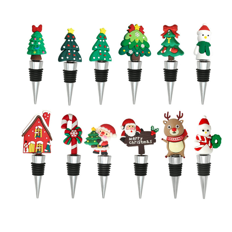 PVC Christmas Wine Stoppers ต้นคริสต์มาส Snowman Candy Cane Reindeer Santa สําหรับขวดไวน์แดงขวดแก้วซ