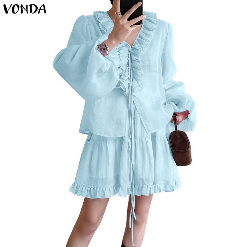 ชุดลำลองสองชิ้นสำหรับผู้หญิง สไตล์เกาหลี เสื้อคอวีแขนยาว มีลายละเอียดลูกไม้ และกระโปรงทรงจีบสีทึบ