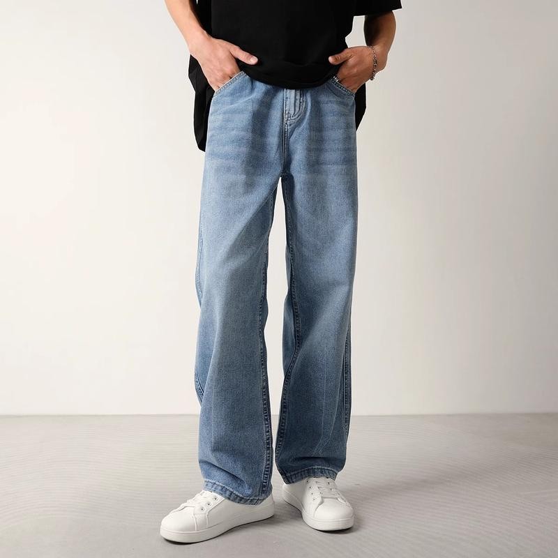 HENARY-กางเกงยีนส์ผู้ชาย ยีนส์ขากระบอกตรง เอวสูงทรงกระบอกตรง ผ้านิ่มใส่สบาย BAGGY JEAN ทรงกระบอกใหญ่