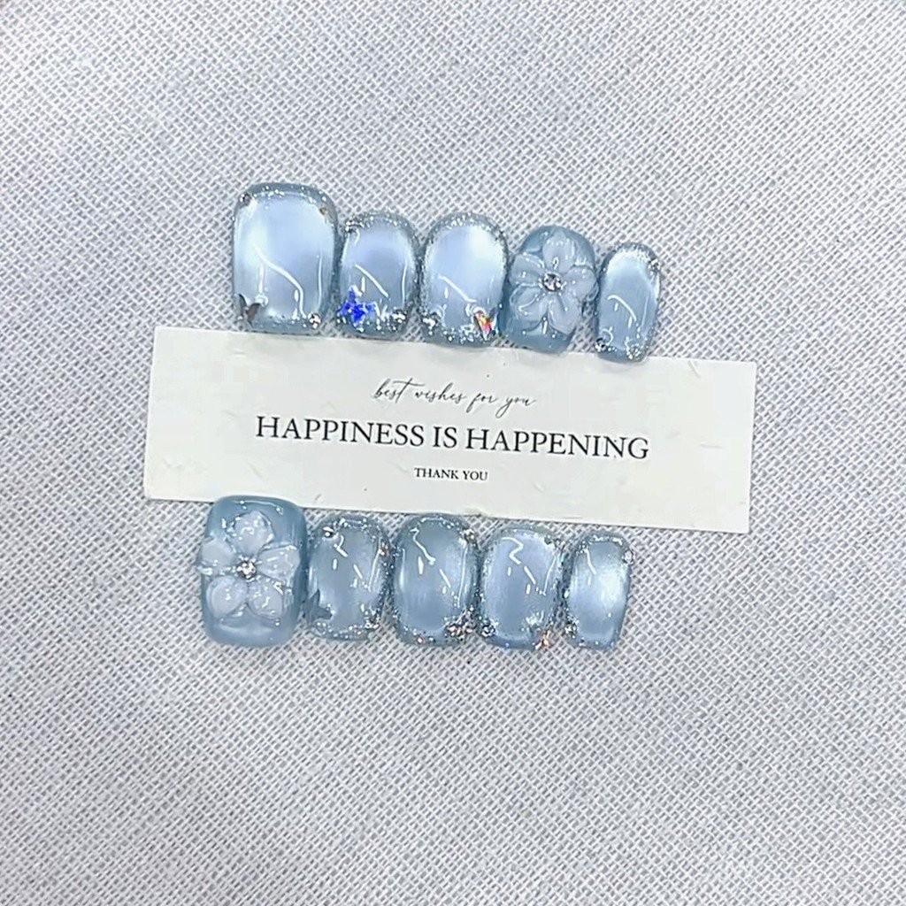 💎 เล็บเจลแฮนด์เมดลายลูกไม้สีฟ้าใส เอฟเฟกต์ตาแมวเรืองแสง ✨ งานสลับลายระดับศิลปิน by JW
