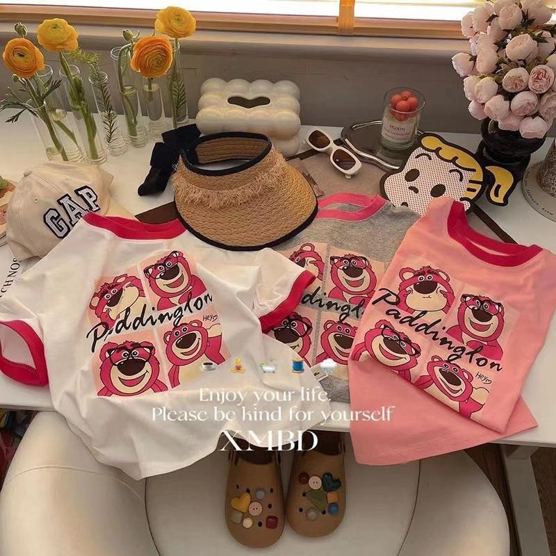 เสื้อยืดแขนสั้นลายหมีแฟชั่นเกาหลี แบบใหม่น่ารักสำหรับผู้หญิง ฉันรักหัวใจสีแดง คอกลม