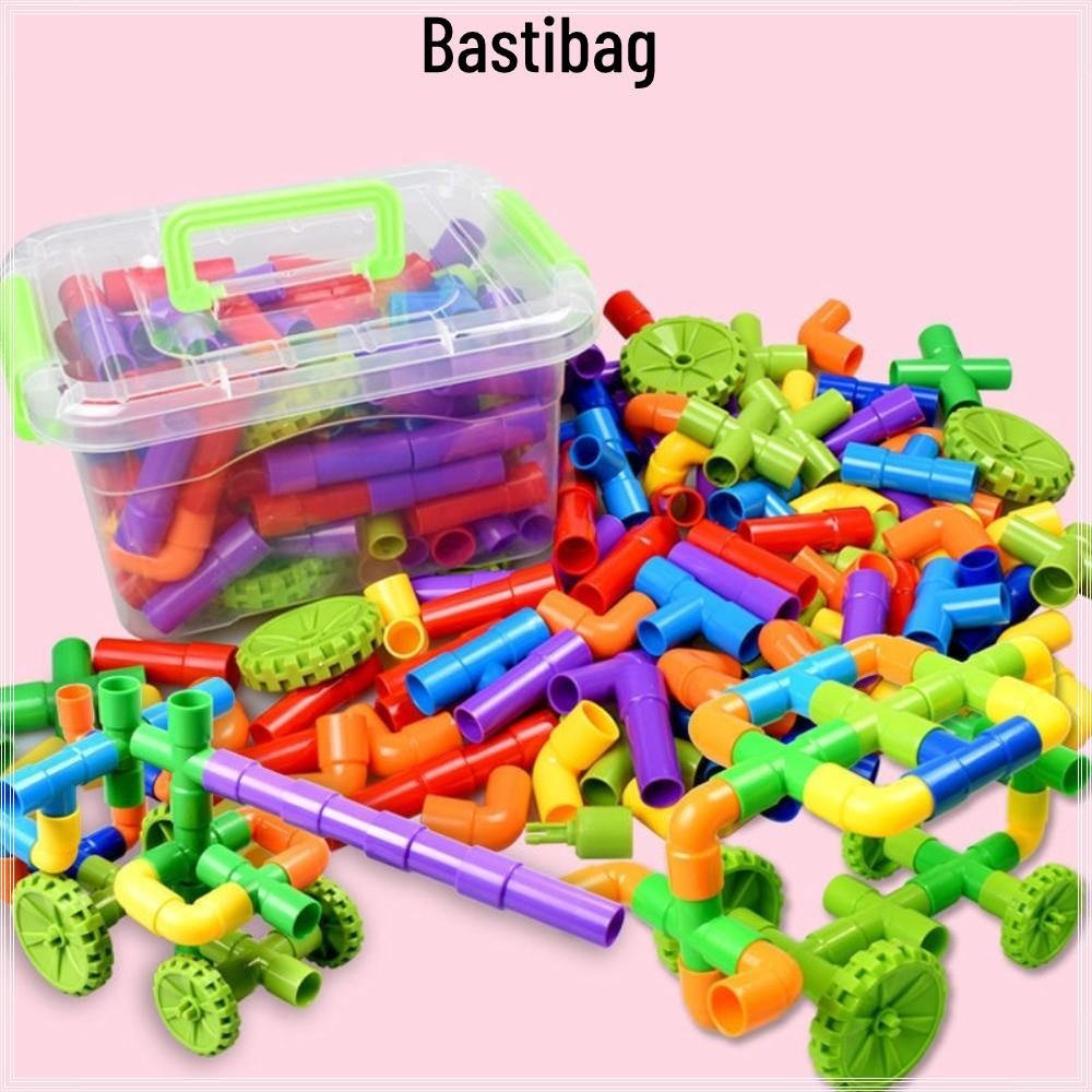 BASTIBAG บล็อกตัวต่อท่อน้ํา, ท่อประกบพลาสติกของเล่นเพื่อการศึกษาก่อสร้าง, การออกแบบการประกอบ DIY Montessori บล็อกตัวต่อเด็ก