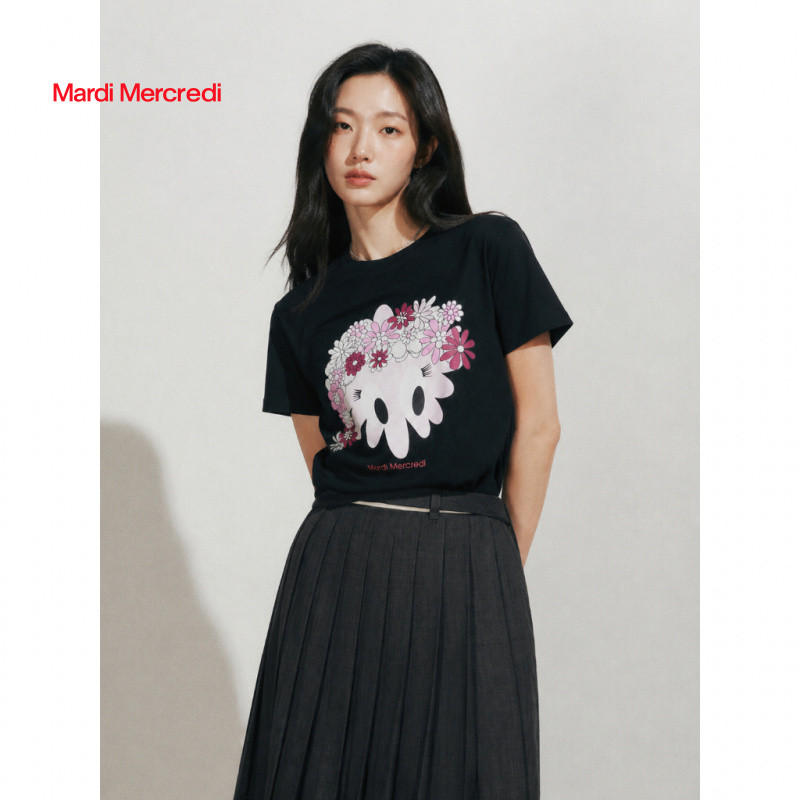 Mardi Mercredi 26ss เสื้อยืดลายดอกไม้คลาวด์ คอกลม ทรงหลวม สีสันน่ารัก เกาหลี ของแท้ 100%