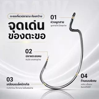 เบ็ดเท็กซัส Wide Gap เบ็ดเกี่ยวปลายาง เบ็ดหนอนยางท้องกว้าง Offset Hook คมแข็ง มีเงี่ยง เบอร์ 8#-5/0 แพ็ค 5/10/20 ตัว