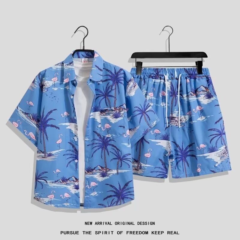 เสื้อเชิ้ตแขนสั้น กางเกงฮาวาย ทรงหลวม ลายดอกไม้ เหมาะกับเดินชายหาด สไตล์ฮาวาย สําหรับผู้ชาย