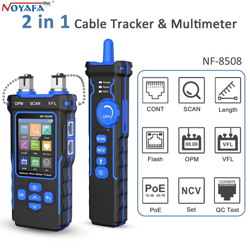 NOYAFA NF-8508 เครื่องทดสอบสายเคเบิลเครือข่าย LAN เครื่องทดสอบมิเตอร์ไฟ LCD วัดความยาว Wiremap เครื่