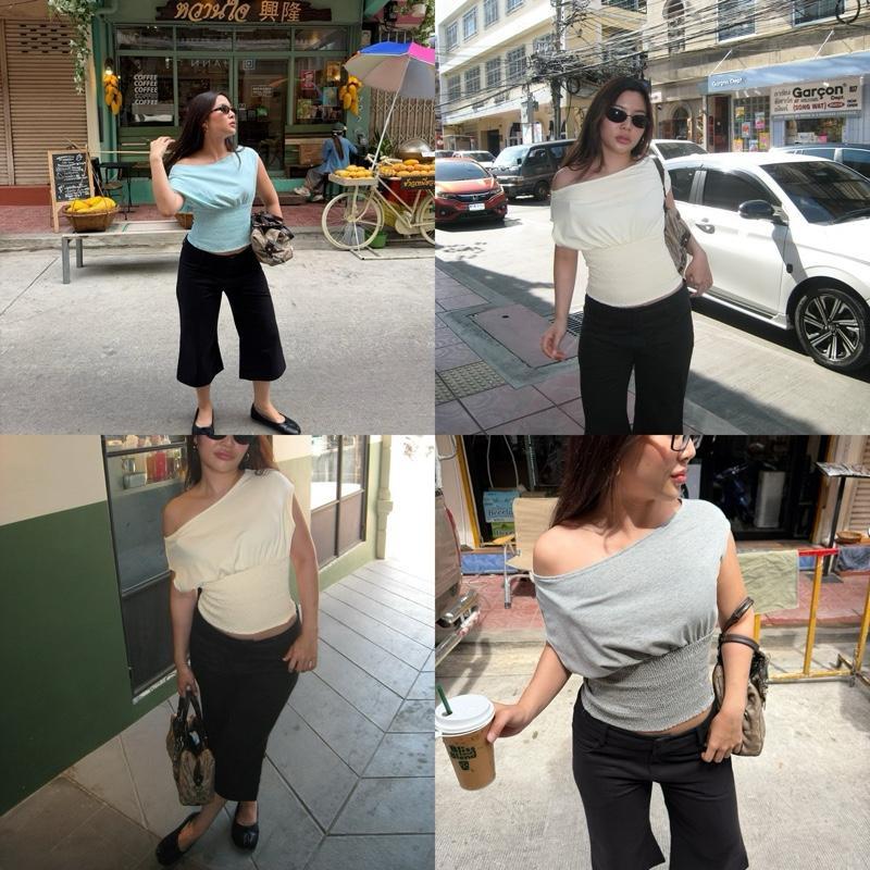 callingonme-outline smock top เสื้อปาดไหล่ข้าง เอวเข้ารูปสม็อค