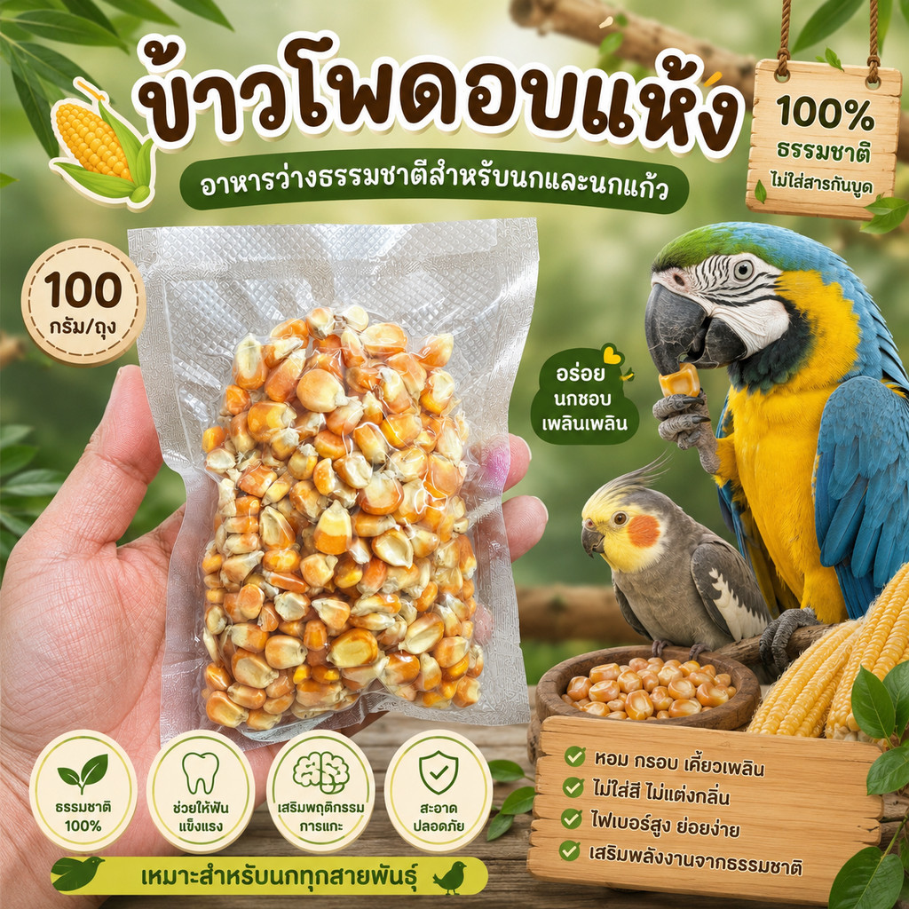 parrot.thailand ข้าวโพดอบแห้ง อาหารว่างนกแก้ว ธรรมชาติ 100% บรรจุสุญญากาศ 100g สำหรับนกทุกสายพันธุ์