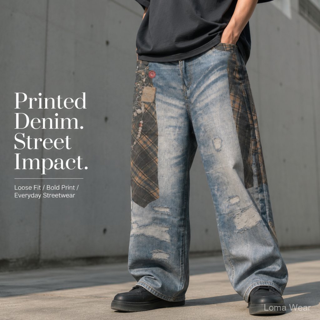 Loma Wear- กางเกงยีนส์ผู้ชายทรงหลวม Patchwork ลายสก็อต สไตล์สตรีท Y2K กางเกงยีนส์ขากว้าง แต่งขาด เท่ ใส่สบาย แมทช์ง่าย