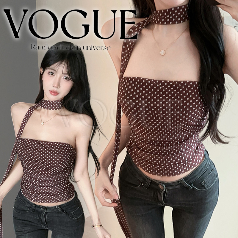 Vogue🌟พร้อมส่ง🌟 เสื้อเกาะอกลายจุด เอวจั๊มรัดรูปแถมผ้าพันคอ สไตล์เกาหลี (FY5175#1)
