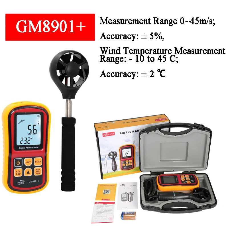 BENETECH GM8901+ Air Flow เครื่องวัดความเร็วลมเครื่องมือเครื่องวัดความเร็วลมอุณหภูมิจอแสดงผล LCD วัด