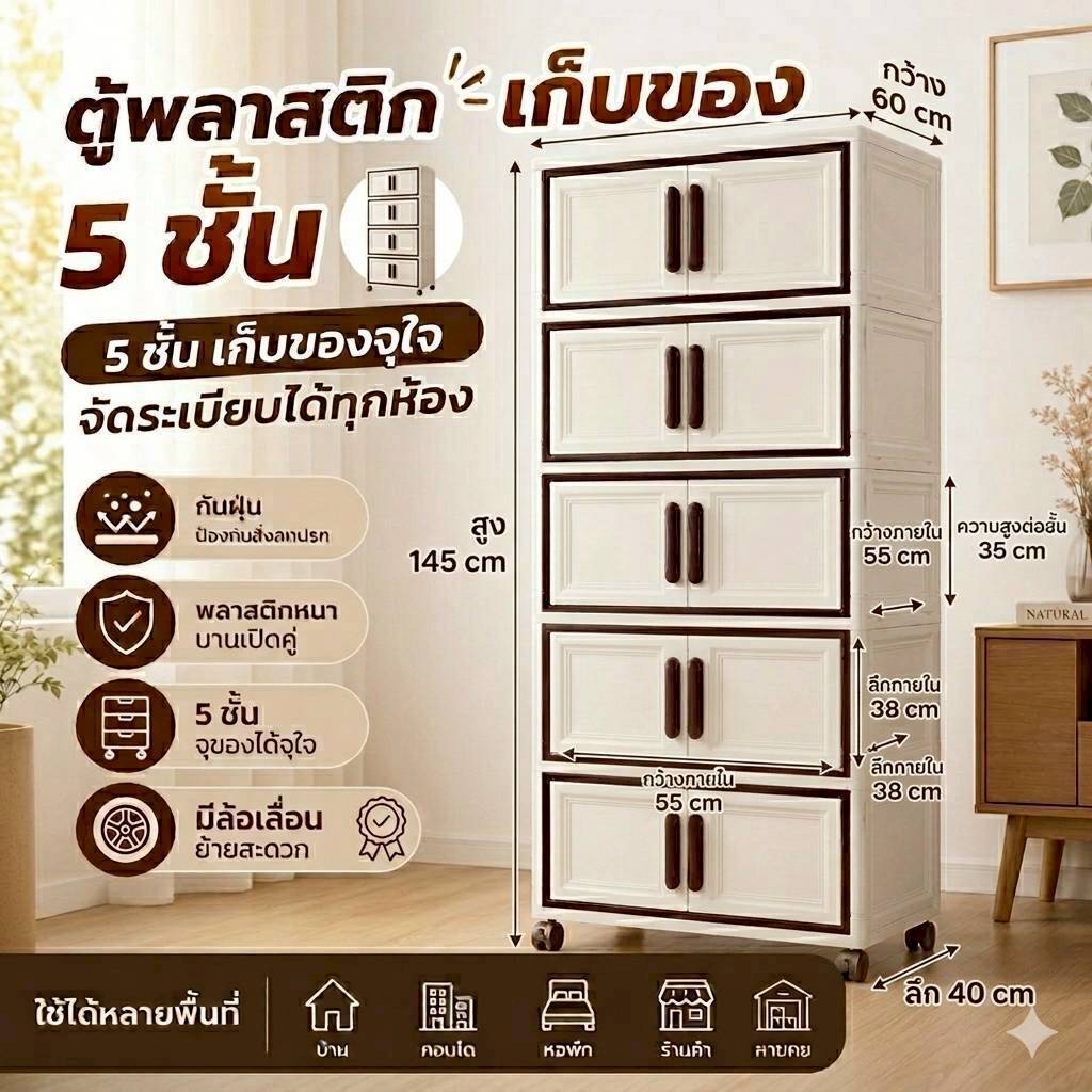 ชั้นวางเก็บของอเนกประสงค์ มีล้อ 5 ชั้น เปิด-ปิด ง่าย