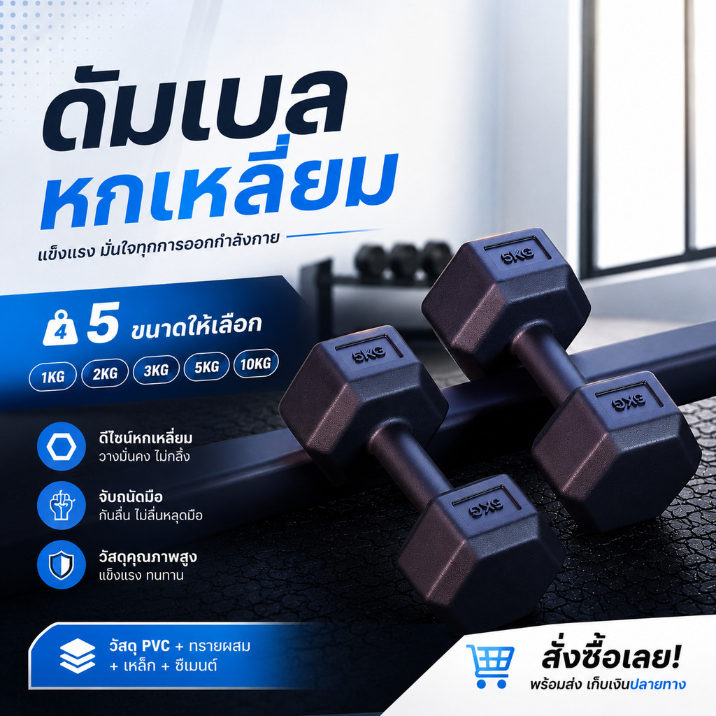 ดัมเบล ดัมเบลยาง 1 kg/2 kg/3 kg/5 kg/10 kg Dumbbells กันกลิ้ง วางมั่นใจ ใช้ฟิตเนส ที่บ้าน ยิม