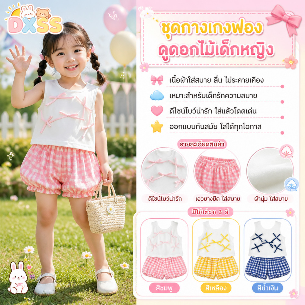 ชุดเสื้อกล้ามเด็กหญิงตกแต่งโบว์ กางเกงฟองลายตาราง ผ้านุ่มใส่สบาย ฤดูร้อน 1-7ปี
