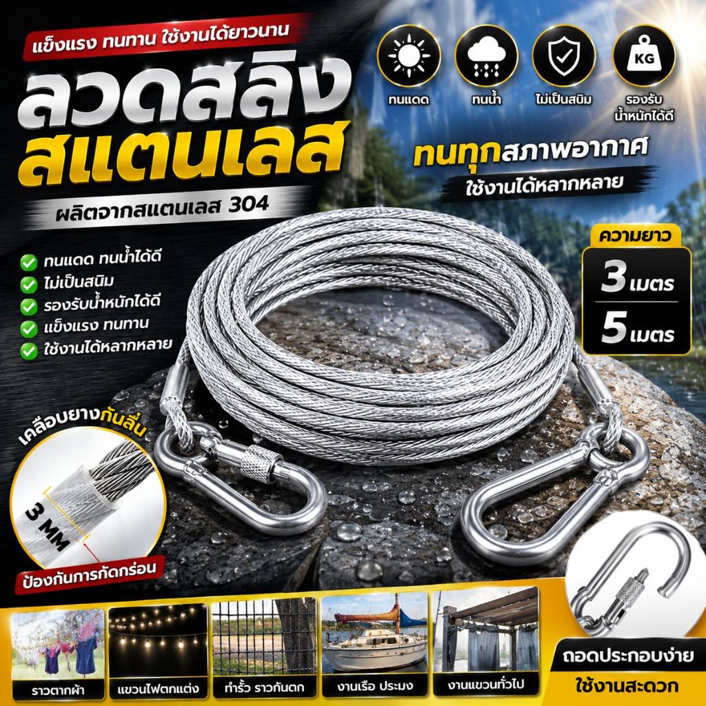 สายจูงสุนัขพันธุ์ใหญ่ กันกัด โลหะถัก Heavy Duty Training Lead 3เมตร 5เมตร