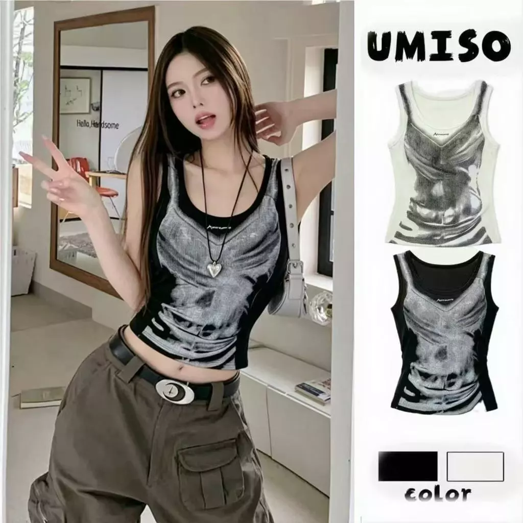 UMISO ส่งไวจากไทย 2สี เสื้อแขนกุดผู้หญิง พิมพ์ลายวินเทจอเมริกัน สายฝอ เซ็กซี่ ใส่แล้วแซ่บ