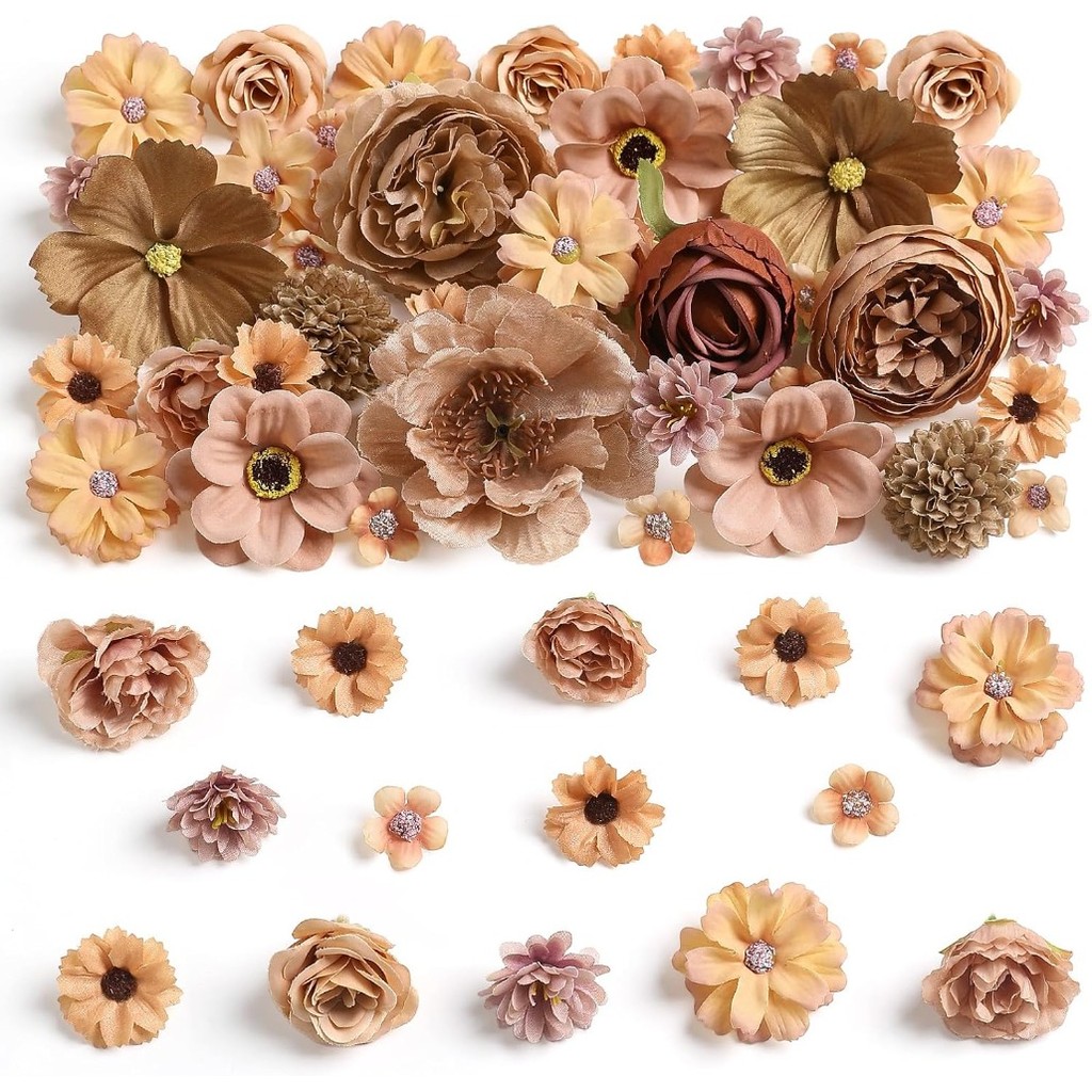 20/50 ชิ้นสีน้ําตาลประดิษฐ์ดอกไม้หัว Combo - Fall Silk Dahlia & Roses ดอกไม้ปลอมสําหรับงานแต่งงาน, ปาร์ตี้, หมวกรับปริญญา DIY, ตกแต่งเค้ก, ตาราง Centerpieces, ตกแต่งบ้าน (60 ชิ้น)