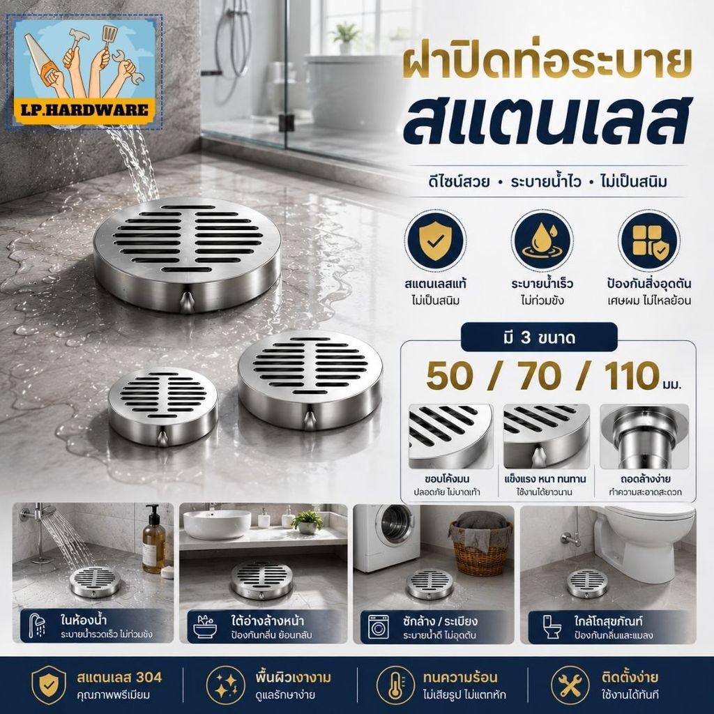 ฝาปิดท่อระบายสแตนเลส ขนาด 50/75/110mm. ระเบียง/หลังคารอบชั้น กันฝน ฝาปิดท่อฝนท่อระบายน้ํา #AP-0039