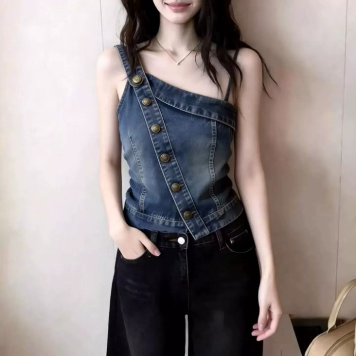 ไหล่เอียง Slimmer ดู Retro Denim Slim เสื้อกั๊กสั้นด้านบน