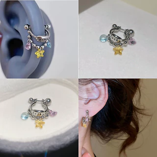 Dreejew Lucky Star Dangle Ear Cuff คริสตัลหูคลิป สำหรับผู้หญิง สไตล์แฟชั่นและน่ารัก