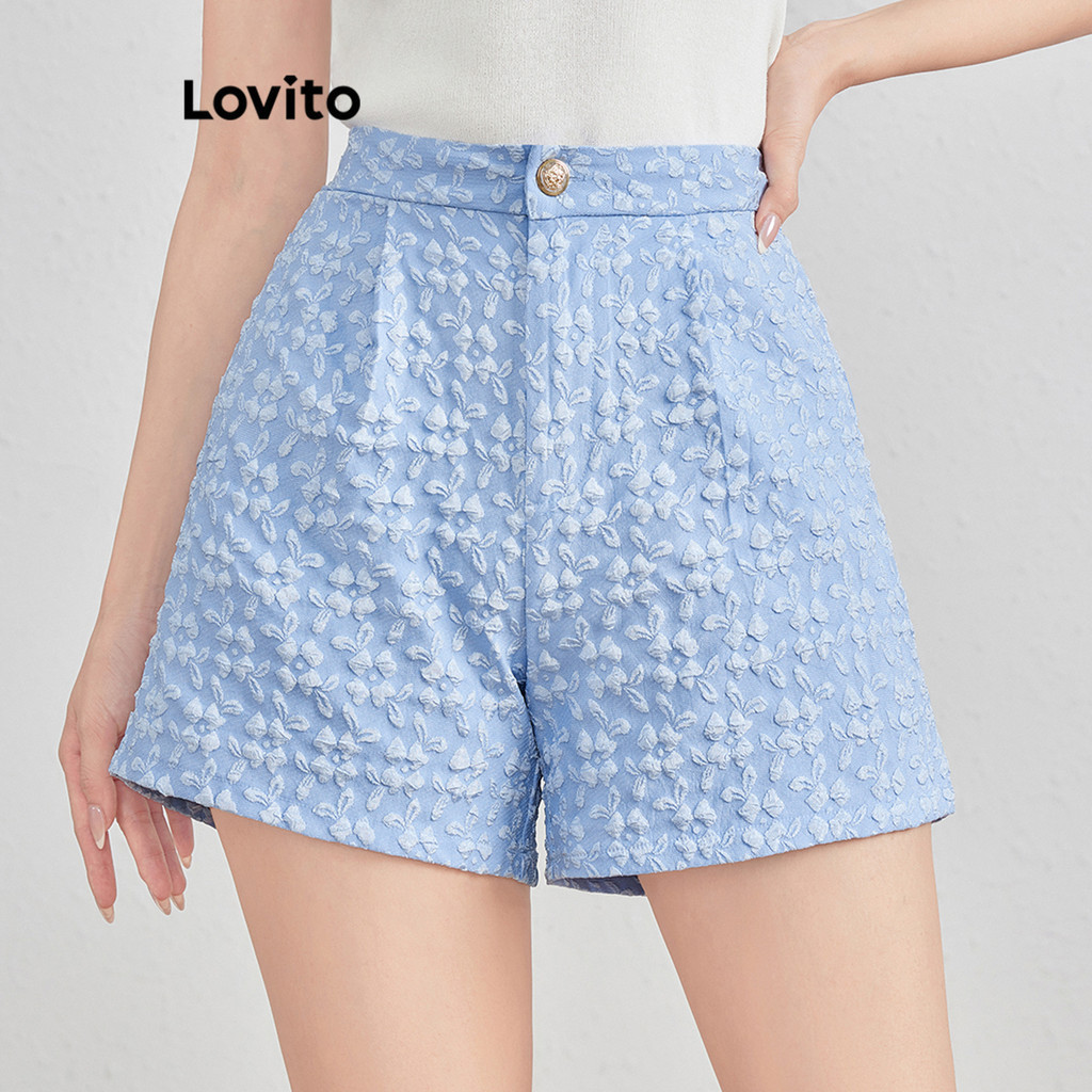 Lovito กางเกงขาสั้น ผ้าแจ็คการ์ด สีพื้น สไตล์ลำลอง สำหรับผู้หญิง L121MD237