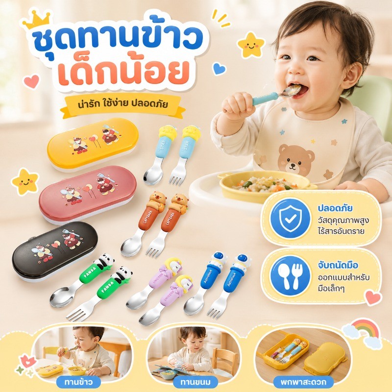 ชุดช้อนส้อมเด็ก สแตนเลส 304 ปลอดภัย กัดกินได้ ด้ามจับทรงกลม ลายการ์ตูน มาพร้อมกล่องเก็บ