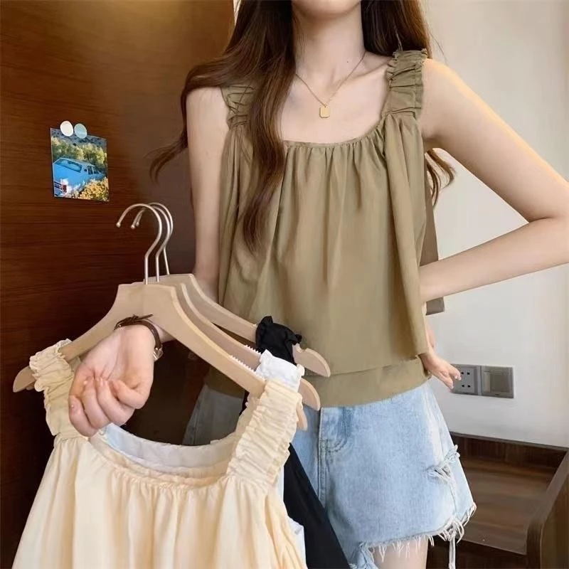 เสื้อกล้ามผู้หญิงน่ารักและสวมใส่สบาย ทรงหลวม สีพื้น สไตล์หวาน สายเดี่ยว ความยาวสั้น สำหรับผู้หญิง