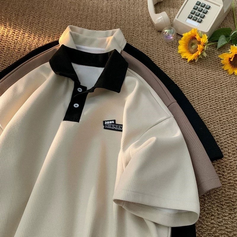 BECoolMan-สไตล์อเมริกันวินเทจวาฟเฟิลแขนสั้น  เสื้อโปโล Lapel สีชนกัน   หลวม  แนวโน้ม  เวลาว่าง