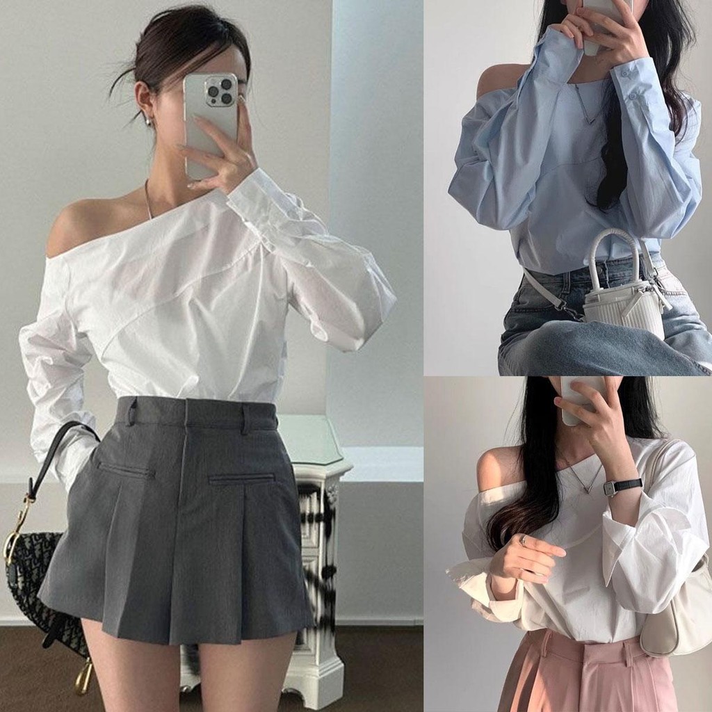 Dahong W645 เสื้อเปิดไหล่แขนยาว เสื้อยืดผู้หญิง เสื้อแขนยาวผู้หญิงแฟชั่น สีทึบ ปาดไหล่ ทรงหลวม