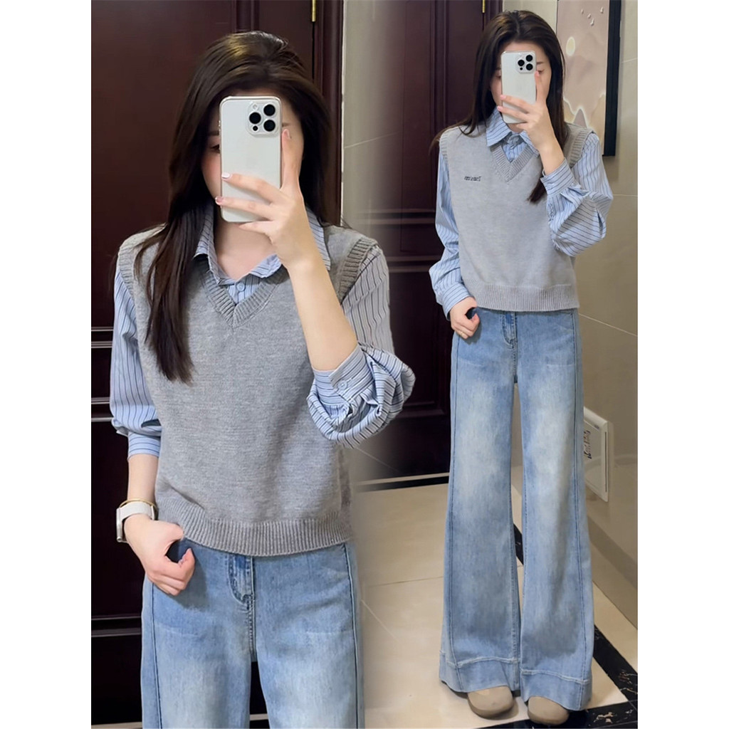 sculptor sweater sweater set เสื้อกั๊กผู้หญิงแบบ V คอลายถักสำหรับฤดูใบไม้ร่วงปี 2025