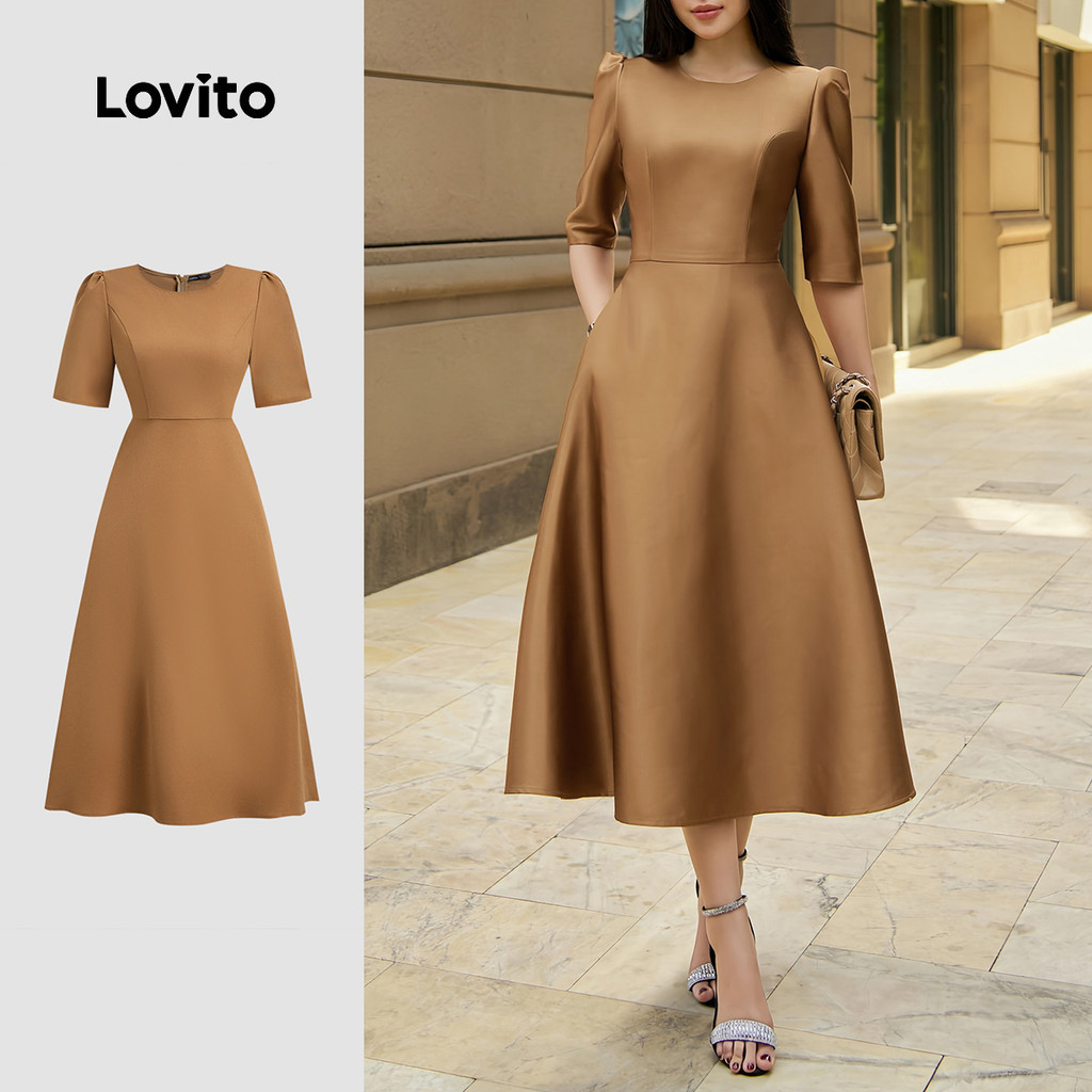 (New) Lovito ชุดกระโปรงหรูดีเทลกระเป๋า โครงสร้างเส้นสาย สำหรับฤดูใบไม้ผลิ/ฤดูร้อน สีน้ำตาล สำหรับผู้