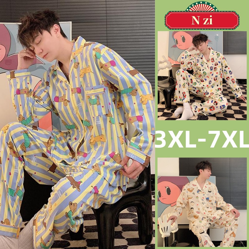 ขนาดบวกชุดนอนผู้ชาย3เอ็กแอล-7เอ็กแอล ชุดนอนชุดฤดูใบไม้ร่วงฤดูหนาวแขนยาวชุดนอนคนผ้าฝ้ายการ์ตูนพิมพ์บ้านสวมใส่หลวมขนาดใหญ่คืนสว
