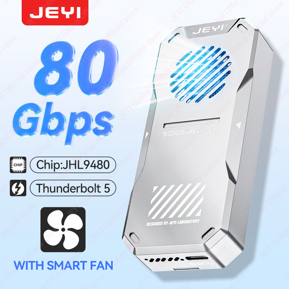 JEYI Thunderbolt 5 M.2 2280 NVMe SSD Enclosure-JHL9480 ชิป 80 กิกะไบต์/วินาทีแบบสองทิศทางในตัวพัดลมส