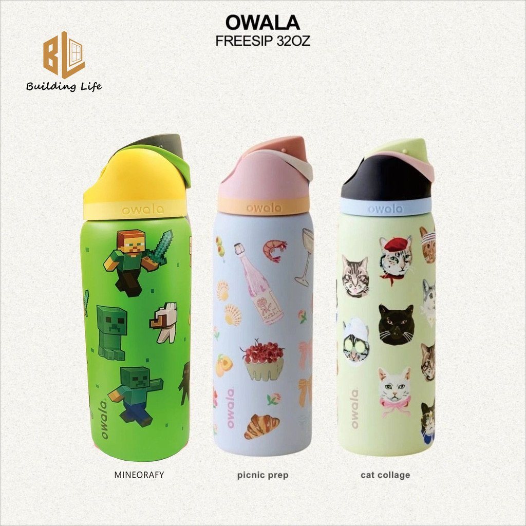 Owala หลอดสูญญากาศแบบพกพากีฬาแก้วฉนวนเย็นความจุขนาดใหญ่ 304 เครื่องดื่มคู่ถ้วยน้ําสแตนเลสแมวกุ้งก้ามกราม My World Cube น้ําร้อน 24/32oz สําหรับกีฬาและการเดินทาง