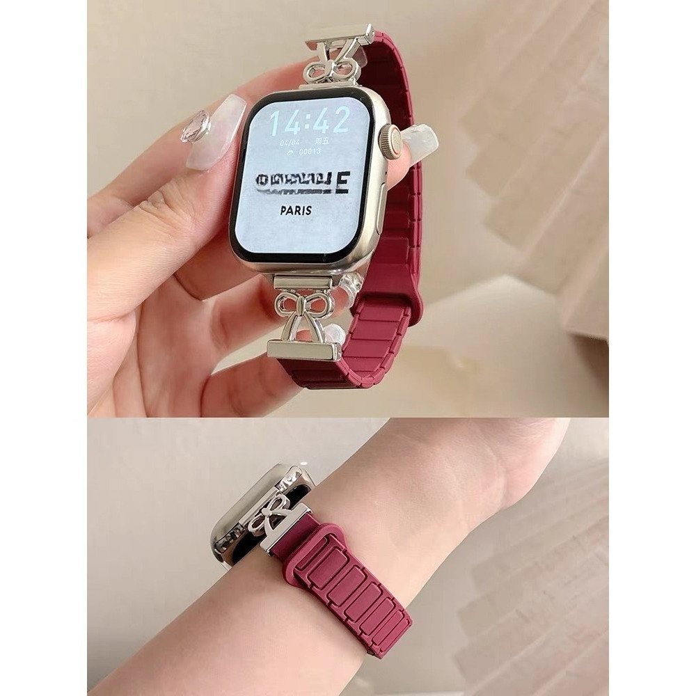 ซิลิโคนนุ่มสายรัดแม่เหล็กสําหรับ ฉันดู ชุด พิเศษ iWatch Series Ultra 11 10 9 8 7 6 SE 5 4 3 2 น่ารักโลหะโบว์ออกแบบสาวสายรัดข้อมือสําหรับ ฉันดู iwatch 49 มม.46/44/45/42/40 มม.41 มม.38 มม.
